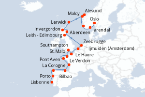 carte itinéraire croisière Fjörds norvégiens 20 jours au départ du port de Lisbonne