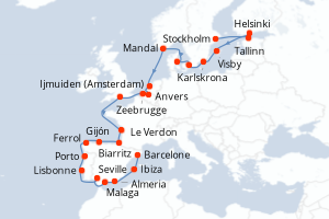 carte itinéraire croisière Méditerranée 24 jours au départ du port de Stockholm