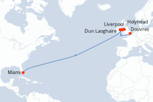 Carte de l'itinéraire de croisière Miami-Douvres d'une durée de 14 jours