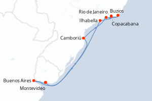 Carte de l'itinéraire de croisière Montevideo-Montevideo d'une durée de 10 jours