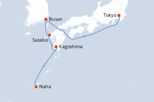 carte itinéraire croisière Asie 7 jours au départ du port de Tokyo