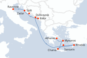 carte itinéraire croisière Méditerranée 11 jours au départ du port de Athenes