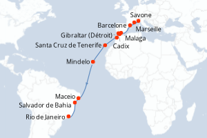 carte itinéraire croisière Transatlantique 20 jours au départ du port de Marseille