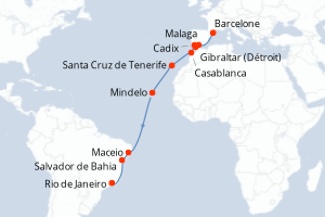 carte itinéraire croisière Transatlantique 18 jours au départ du port de Barcelone