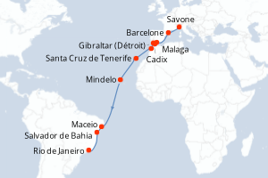 carte itinéraire croisière Transatlantique 19 jours au départ du port de Savone