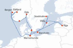 carte itinéraire croisière Fjörds norvégiens 14 jours au départ du port de Warnemunde