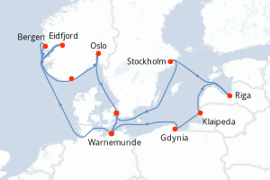 Carte de l'itinéraire de croisière Warnemunde-Warnemunde d'une durée de 14 jours