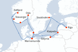 carte itinéraire croisière Fjörds norvégiens 14 jours au départ du port de Warnemunde