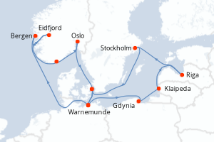 carte itinéraire croisière Fjörds norvégiens 14 jours au départ du port de Warnemunde