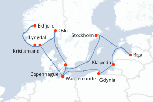 carte itinéraire croisière Fjörds norvégiens 14 jours au départ du port de Warnemunde