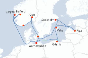 Carte de l'itinéraire de croisière Warnemunde-Warnemunde d'une durée de 14 jours