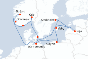 carte itinéraire croisière Fjörds norvégiens 14 jours au départ du port de Warnemunde