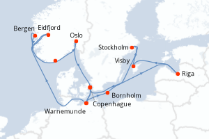 carte itinéraire croisière Fjörds norvégiens 14 jours au départ du port de Copenhague