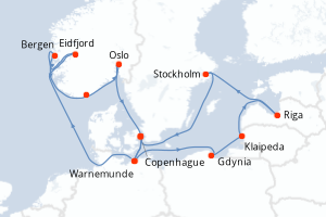 Carte de l'itinéraire de croisière Copenhague-Copenhague d'une durée de 14 jours