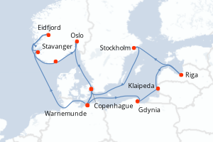 carte itinéraire croisière Fjörds norvégiens 14 jours au départ du port de Copenhague