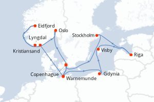 carte itinéraire croisière Fjörds norvégiens 14 jours au départ du port de Copenhague