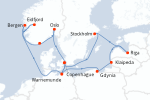 carte itinéraire croisière Fjörds norvégiens 14 jours au départ du port de Copenhague