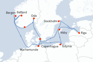 Carte de l'itinéraire de croisière Copenhague-Copenhague d'une durée de 14 jours