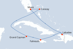 carte itinéraire croisière Caraïbes Bahamas 7 jours au départ du port de Miami