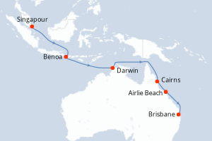 Carte de l'itinéraire de croisière Singapour-Brisbane d'une durée de 12 jours