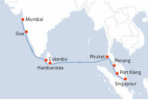 Carte de l'itinéraire de croisière Mumbai-Singapour d'une durée de 12 jours