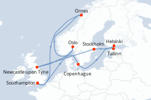 carte itinéraire croisière Europe du Nord 13 jours au départ du port de Southampton