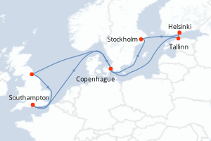 Carte de l'itinéraire de croisière Southampton-Southampton d'une durée de 11 jours