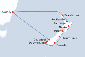 Carte itinéraire croisière Australie, Nouvelle-Zélande - 13 jours au départ de Sydney - Australie Nouvelle Zélande