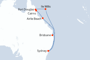 Carte de l'itinéraire de croisière Sydney-Sydney d'une durée de 11 jours