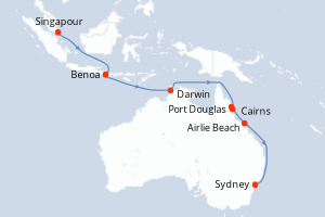 Carte de l'itinéraire de croisière Singapour-Sydney d'une durée de 14 jours