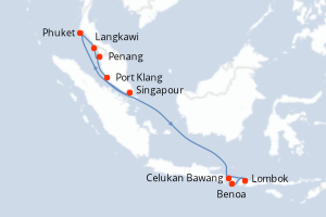Carte de l'itinéraire de croisière Singapour-Benoa d'une durée de 13 jours