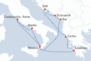 carte itinéraire croisière Sicile 10 jours au départ du port de Civitavecchia - Rome