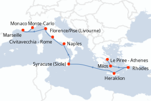 carte itinéraire croisière Sicile 10 jours au départ du port de Le Piree - Athenes