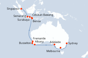 Carte de l'itinéraire de croisière Sydney-Singapour d'une durée de 22 jours