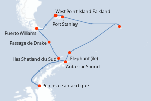 Carte de l'itinéraire de croisière Puerto Williams-Puerto Williams d'une durée de 18 jours