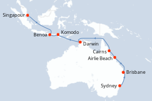 Carte de l'itinéraire de croisière Sydney-Singapour d'une durée de 18 jours