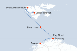 Carte de l'itinéraire de croisière Longyearbyen-Tromso d'une durée de 9 jours