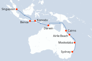 Carte de l'itinéraire de croisière Singapour-Sydney d'une durée de 18 jours