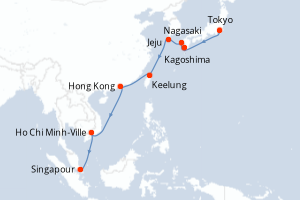 carte itinéraire croisière Asie 16 jours au départ du port de Tokyo