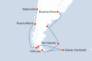Carte de l'itinéraire de croisière Buenos Aires-Valparaíso d'une durée de 16 jours