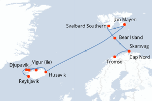 Carte de l'itinéraire de croisière Tromso-Reykjavik d'une durée de 13 jours