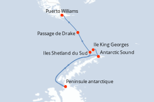 Carte de l'itinéraire de croisière Ile King Georges-Puerto Williams d'une durée de 9 jours