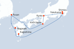 carte itinéraire croisière Asie 12 jours au départ du port de Yokohama