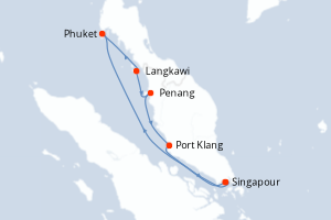 Carte de l'itinéraire de croisière Singapour-Singapour d'une durée de 9 jours