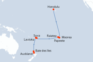 Carte de l'itinéraire de croisière Honolulu-Auckland d'une durée de 19 jours