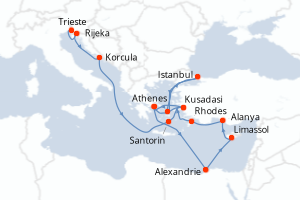 carte itinéraire croisière Adriatique 21 jours au départ du port de Trieste