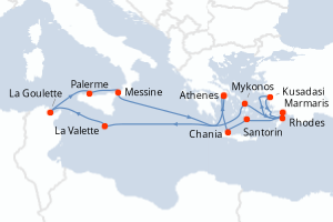 carte itinéraire croisière Sicile 14 jours au départ du port de Le Piree - Athenes