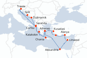 carte itinéraire croisière Méditerranée 21 jours au départ du port de Athenes