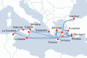carte itinéraire croisière Sicile 28 jours au départ du port de Le Piree - Athenes