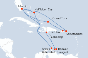 carte itinéraire croisière Caraïbes Bahamas 17 jours au départ du port de Miami
